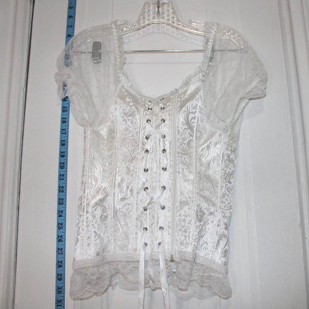 White lace, women corset, wire support, zipper, with gloves